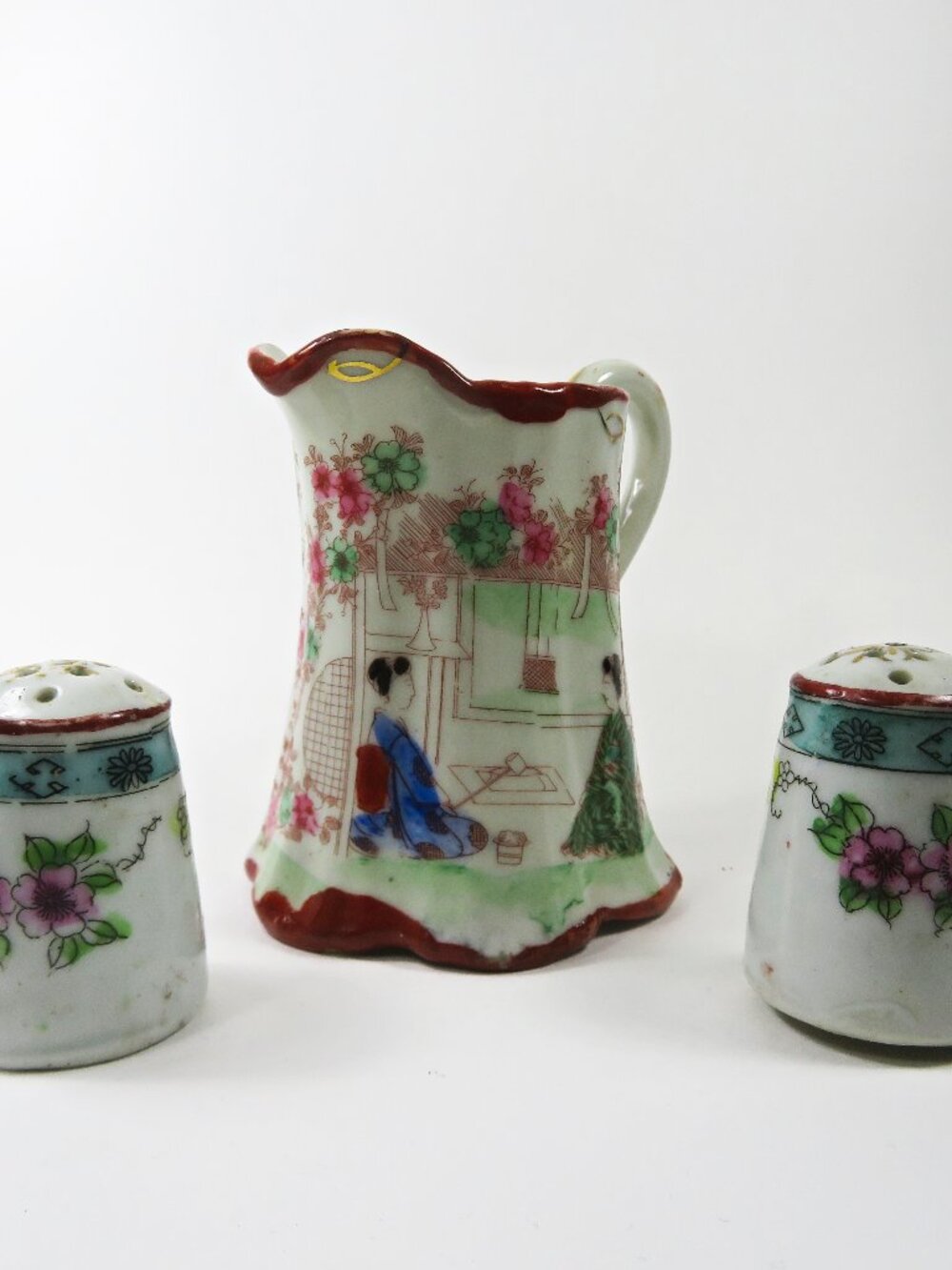 Vintage Hand Painted Japan Floral 4" Creamer - Salt & Pepper Geishas Coral Trim